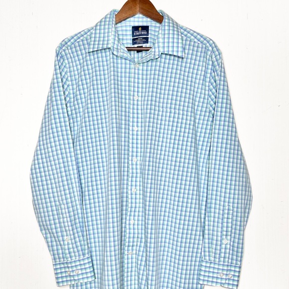 Stafford Mens Aqua Blue White Gingham Plaid Long Sleeve No Iron Buttondown Shirt - Picture 4 of 7